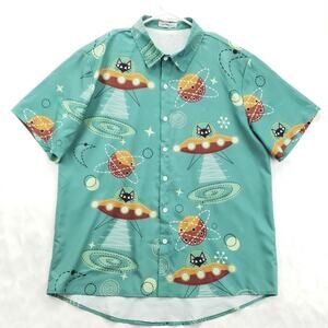 Hawalili Shirt Mens Large Green UFO Cat Short Sleeve Classic Button-Up